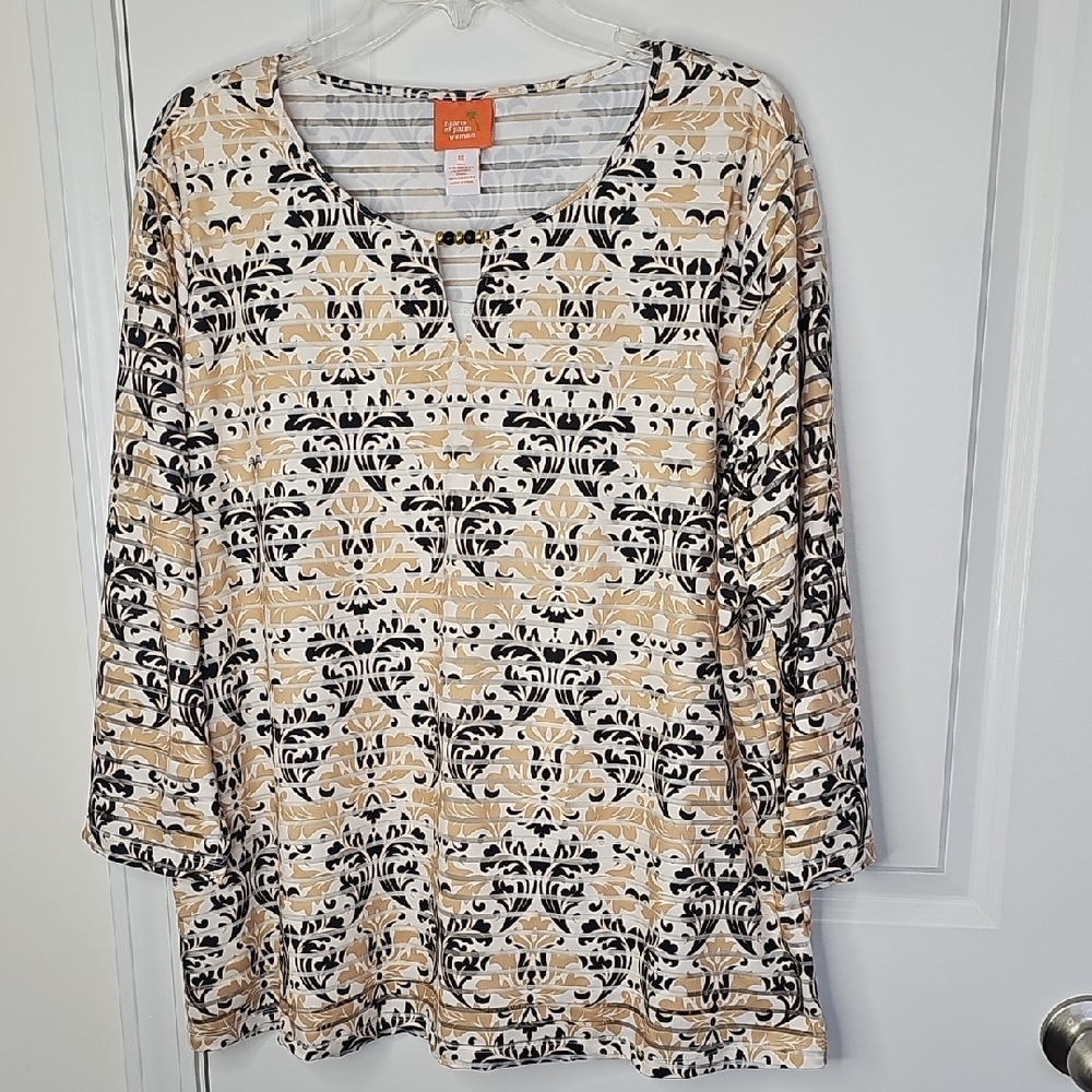 hearts of palm Black and‎ Tan Printed Scoop Neck Tunic 3/4 Sleeve Size 1X